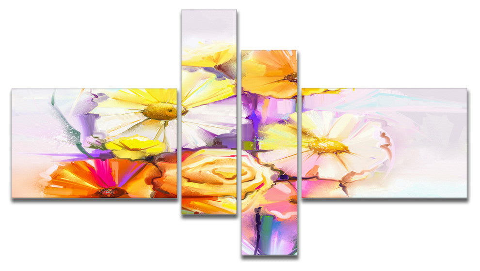 Yellow Pink Gerbera and Rose Bouquet, Large Floral Wall Art, 60"x32", 4 panels
