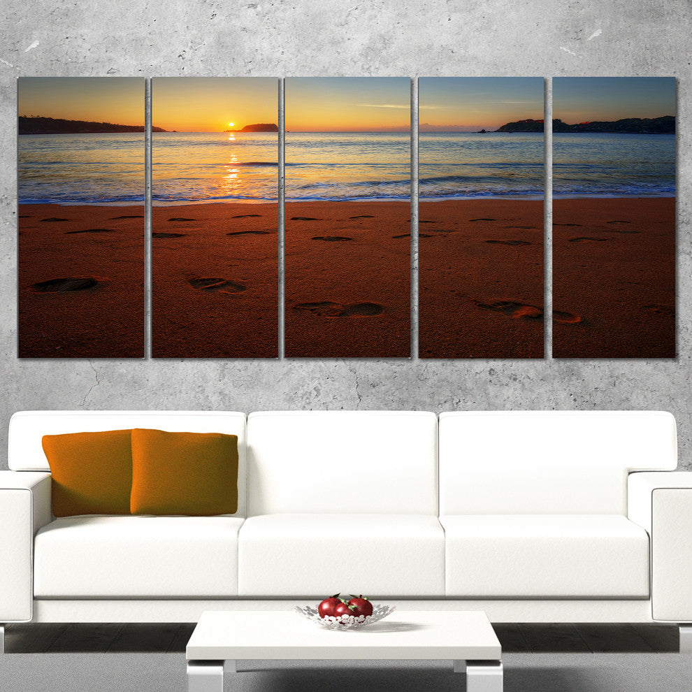 Foot printed Sandy Ocean Beach, Seashore Canvas Print, 60"x28", 5 Panels