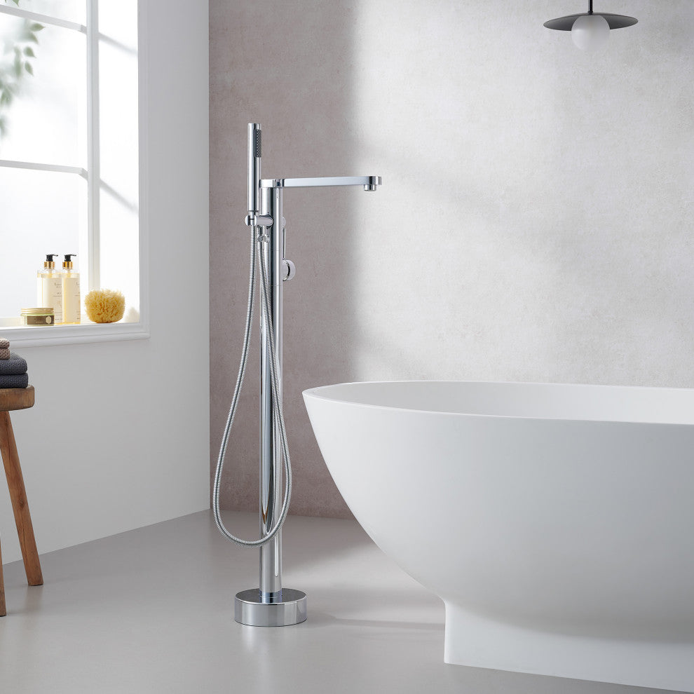 Allario Double Lever Handles Freestanding Floor Mounted Tub Filler, Polished Chome