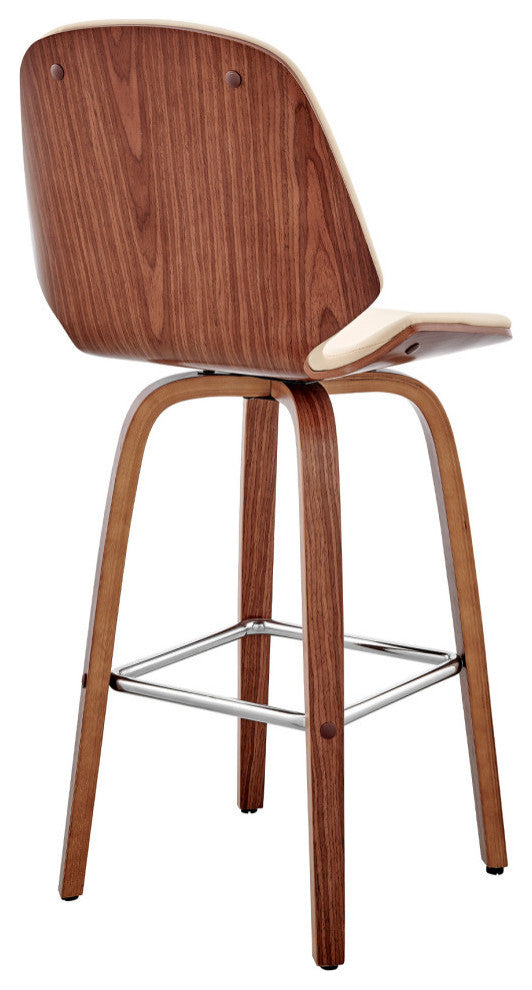 Arabela Faux Leather and Wood Swivel Bar Stool, Cream and Walnut