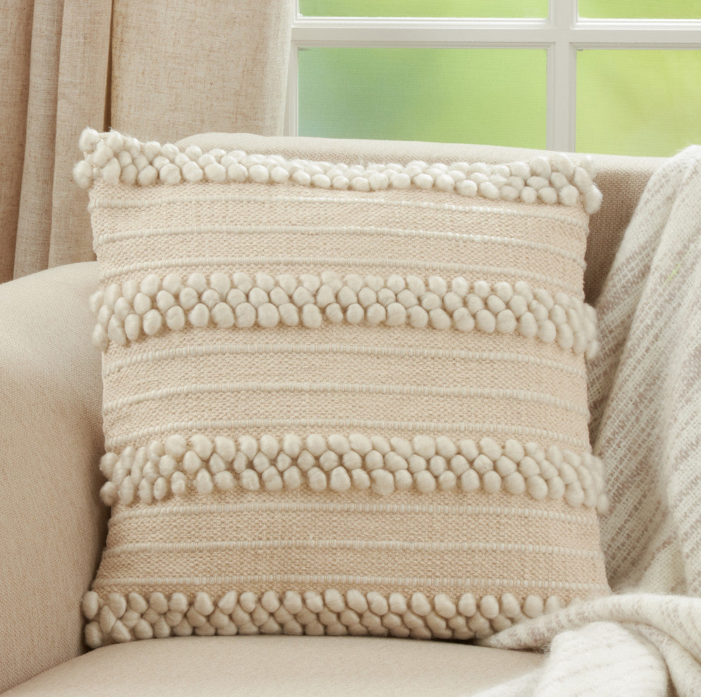 Striped Poly-Filled Throw Pillow With Pom Pom Design