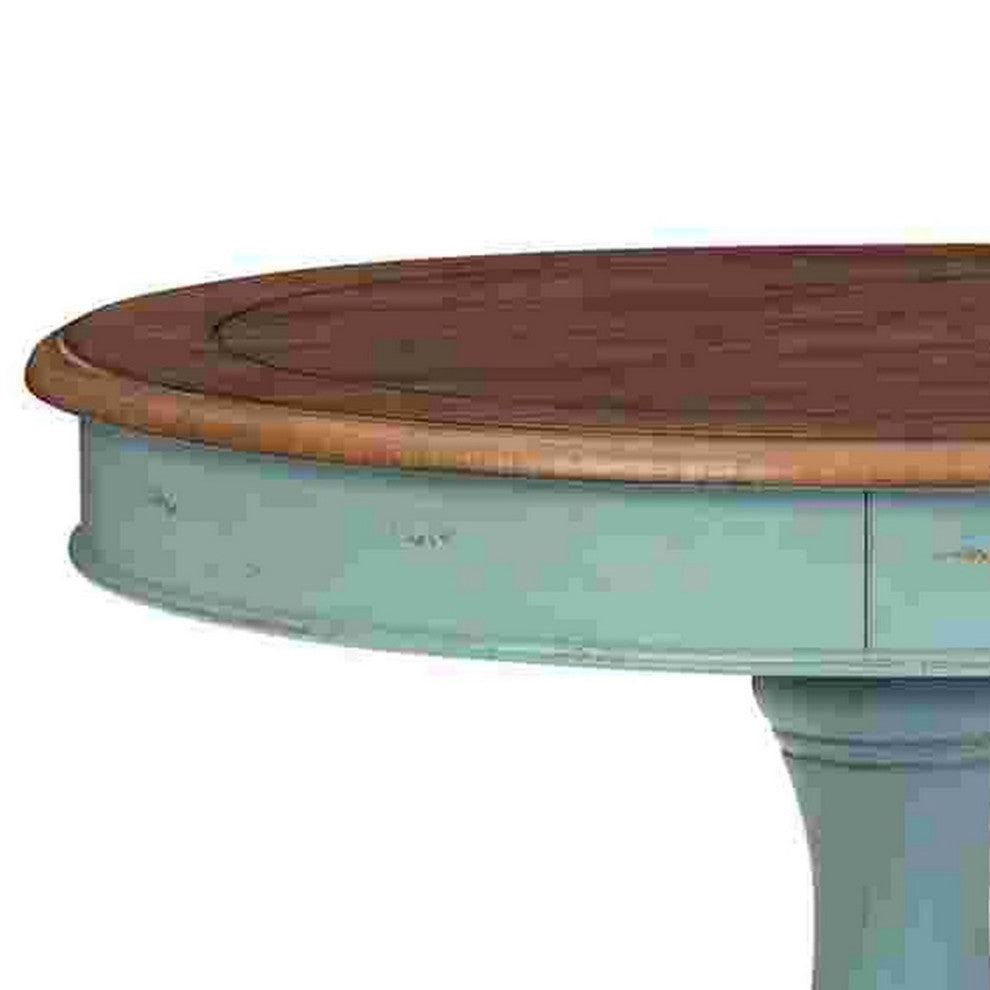 Benzara BM266419 Wooden Accent Table With Round Tabletop, Teal Blue and Brown