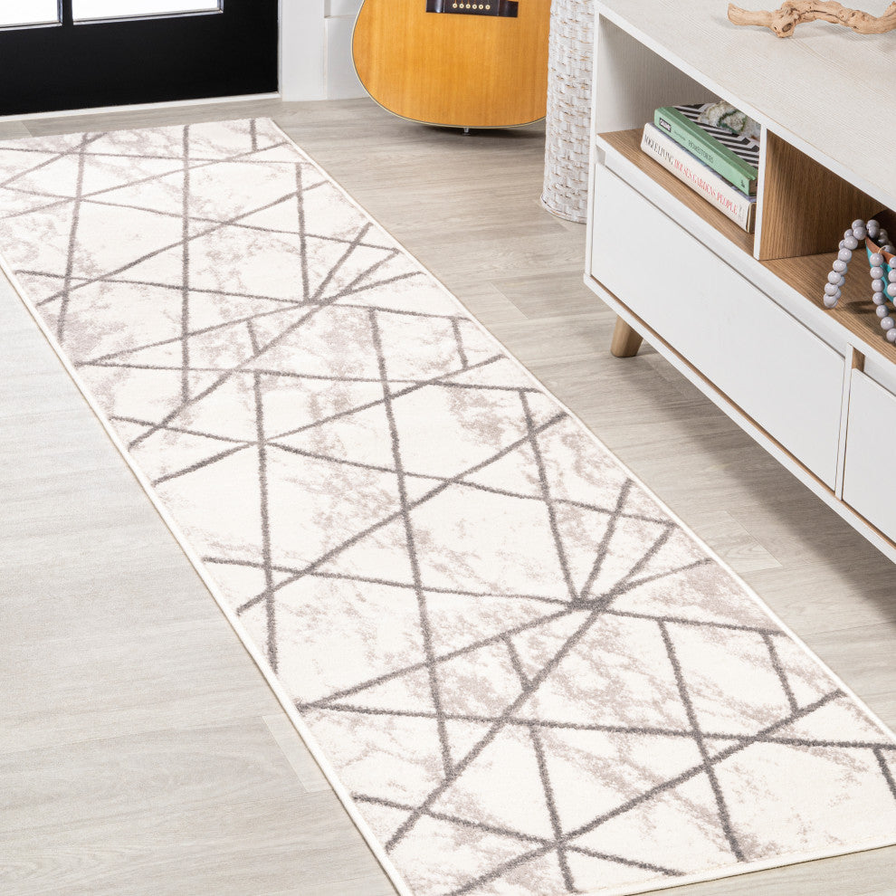 Patras Modern Geometric Marbled Ivory/Gray 2'x8' Runner Rug