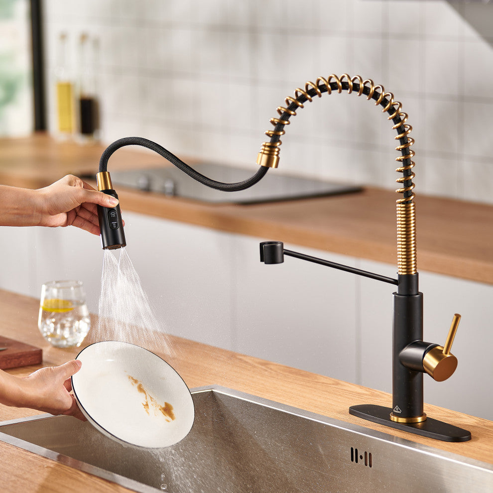 Kitchen Sink Faucet 1.8 GPM with Pull Down and 3 Models Sprayer Single Handle, Matte Black+brushed Gold