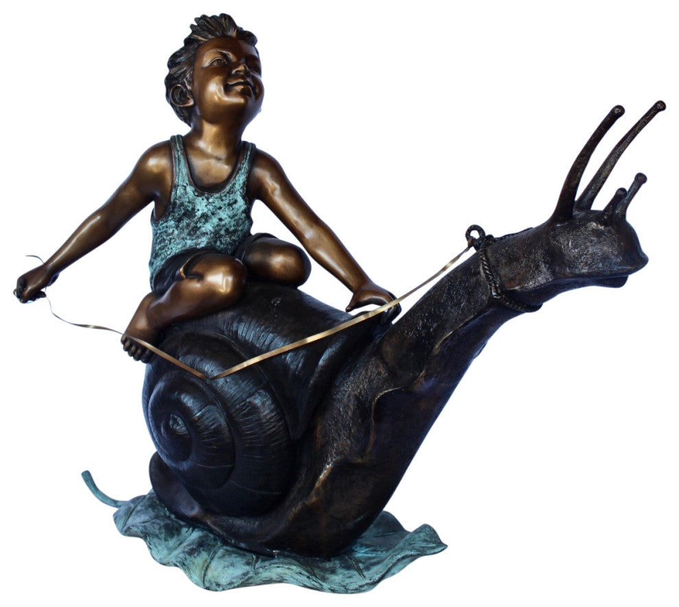 Happy boy riding a snail bronze statue fountain -  Size: 42"L x 14"W x 34"H.