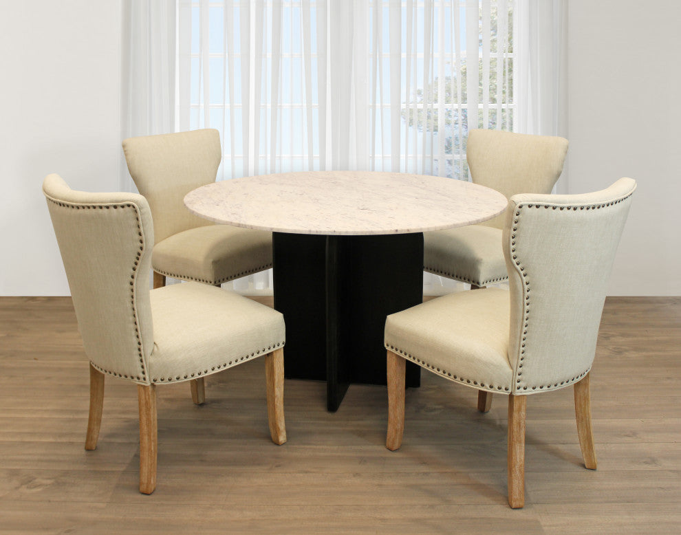 Lavaca 5-Piece Dining Set, 48" Round Dining Table and 2 Sets of Ivory Chairs