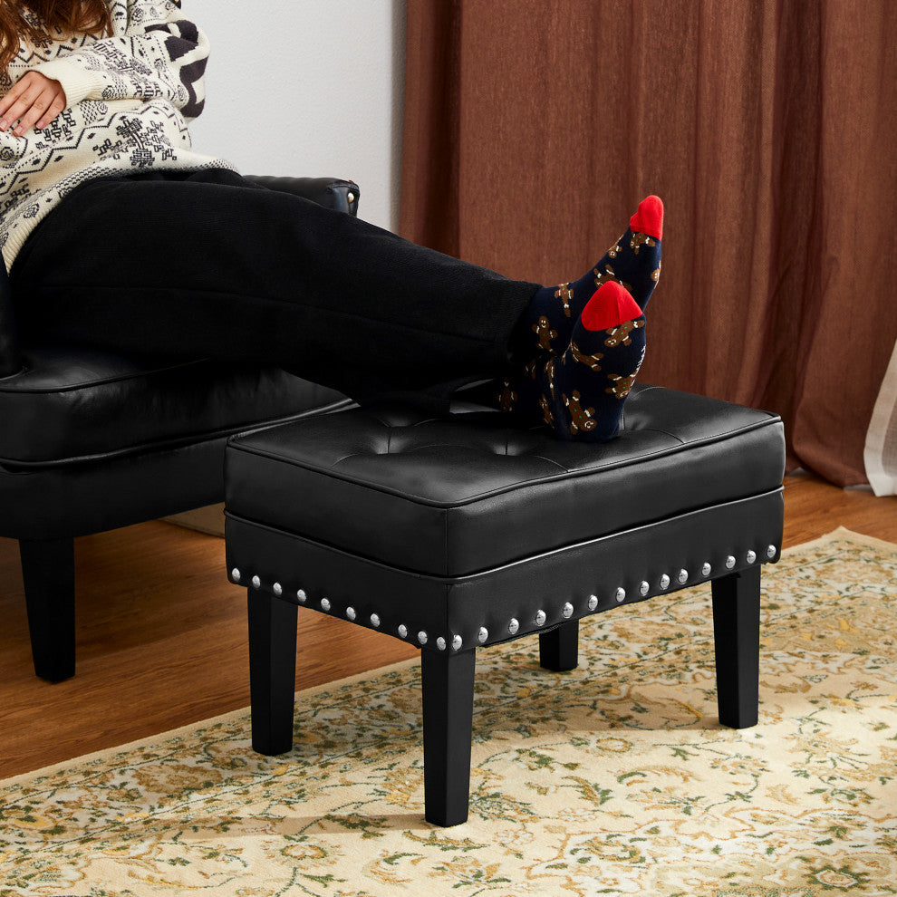Set of 2 Leatherette Button-Tufted Accent Stool, Black