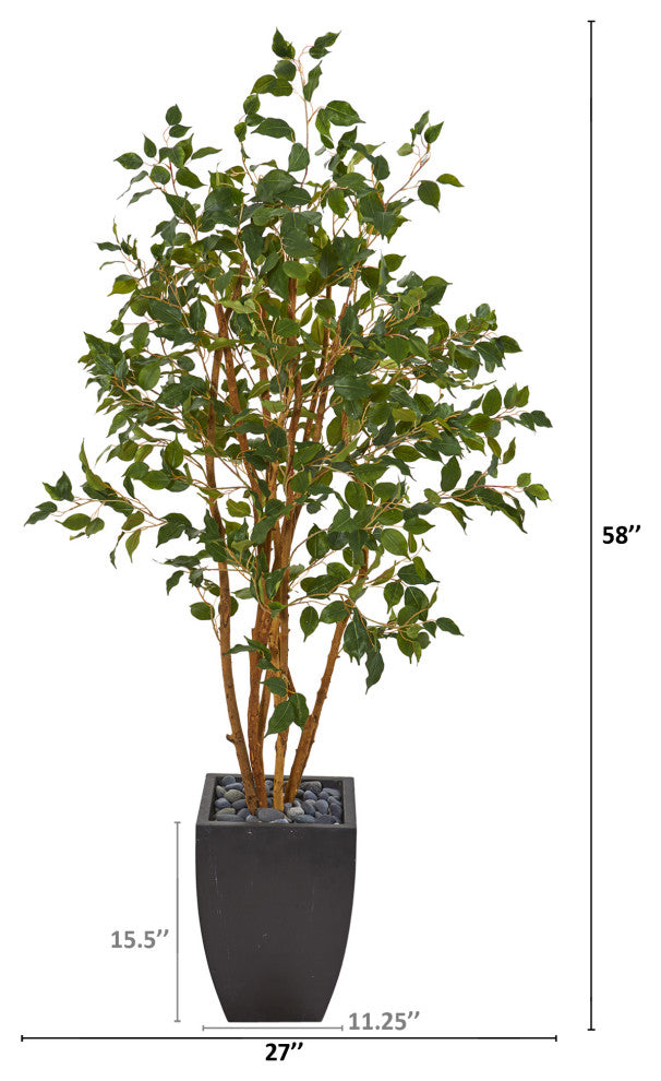 58" Ficus Artificial Tree, Black Planter