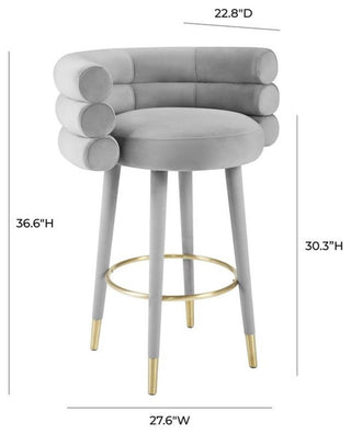 Maklaine 30.3"H Velvet and Plywood Bar Stool in Gray/Gold Finish