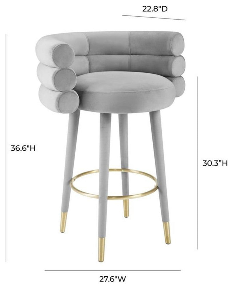 Maklaine 30.3"H Velvet and Plywood Bar Stool in Gray/Gold Finish