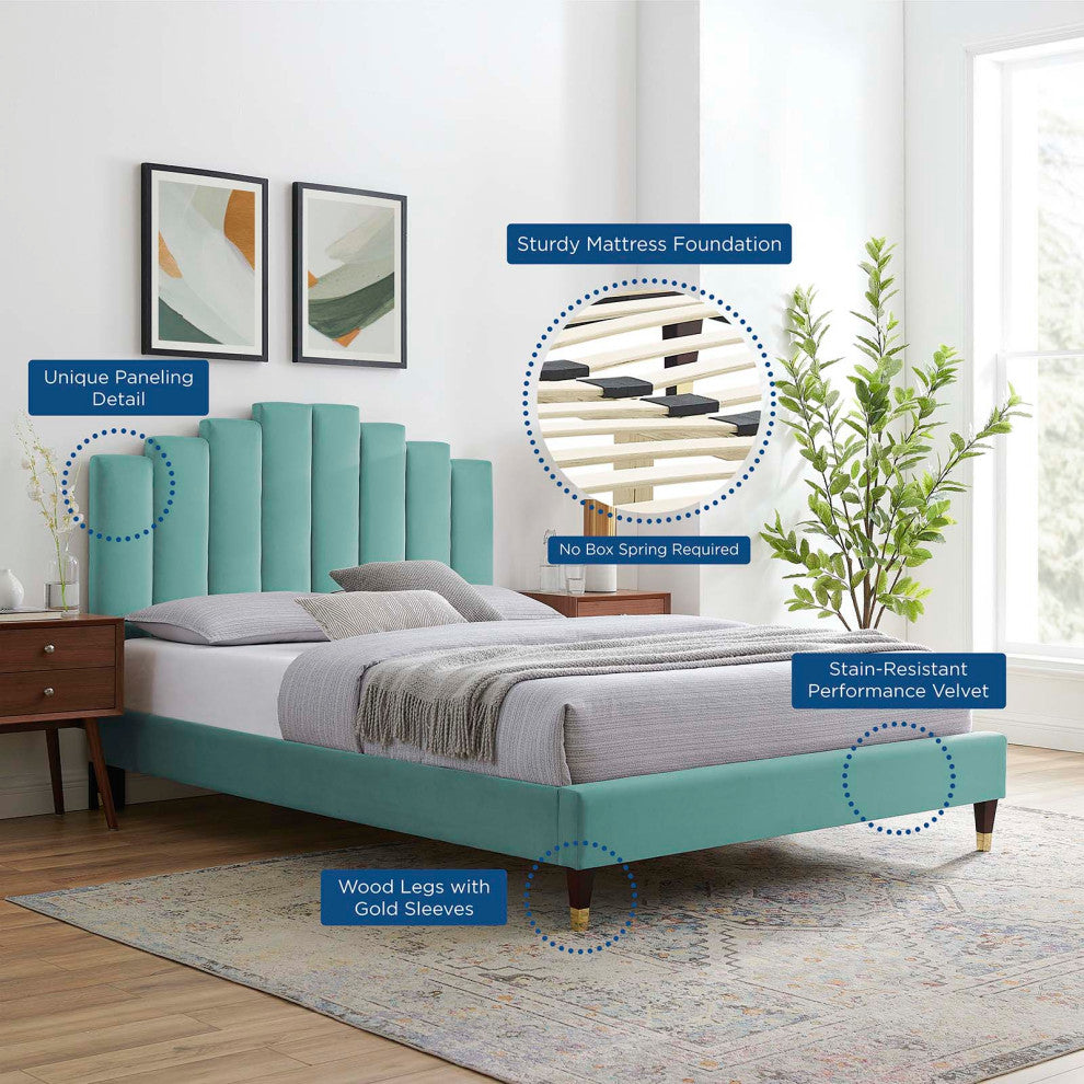 Platform Bed Frame, Full Size, Velvet, Blue, Modern Contemporary, Bedroom Master