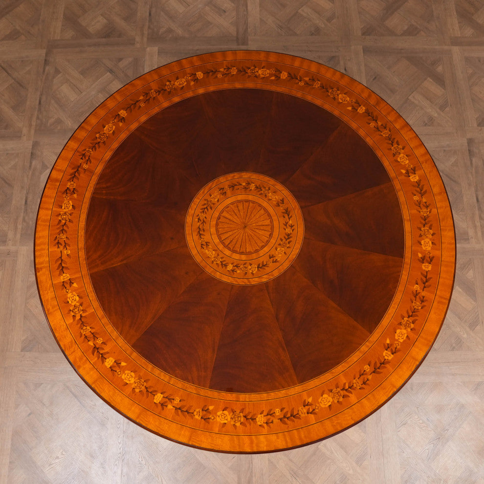 NDRT065 Mahogany Round Dining Table With Floral Inlay