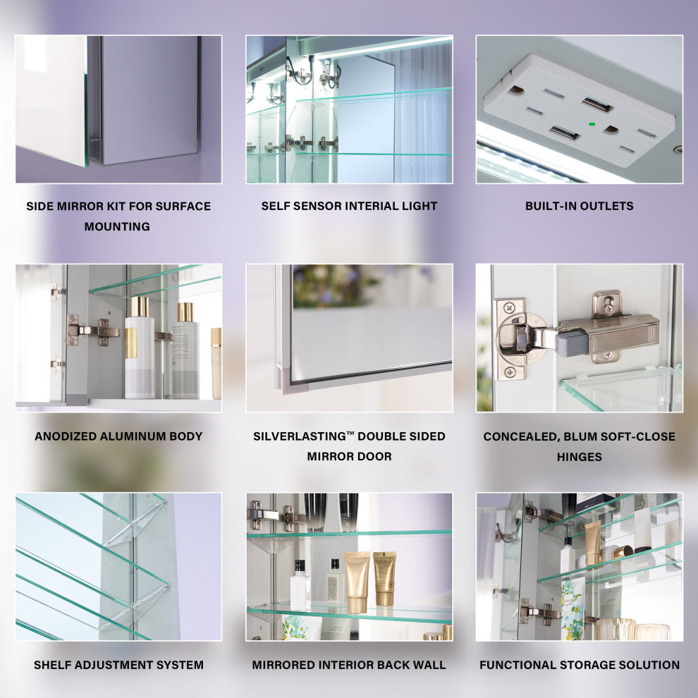 Recessed/Surface Mount LED Medicine Cabinet Mirror with Defogger, 24"x30" Right Hinge