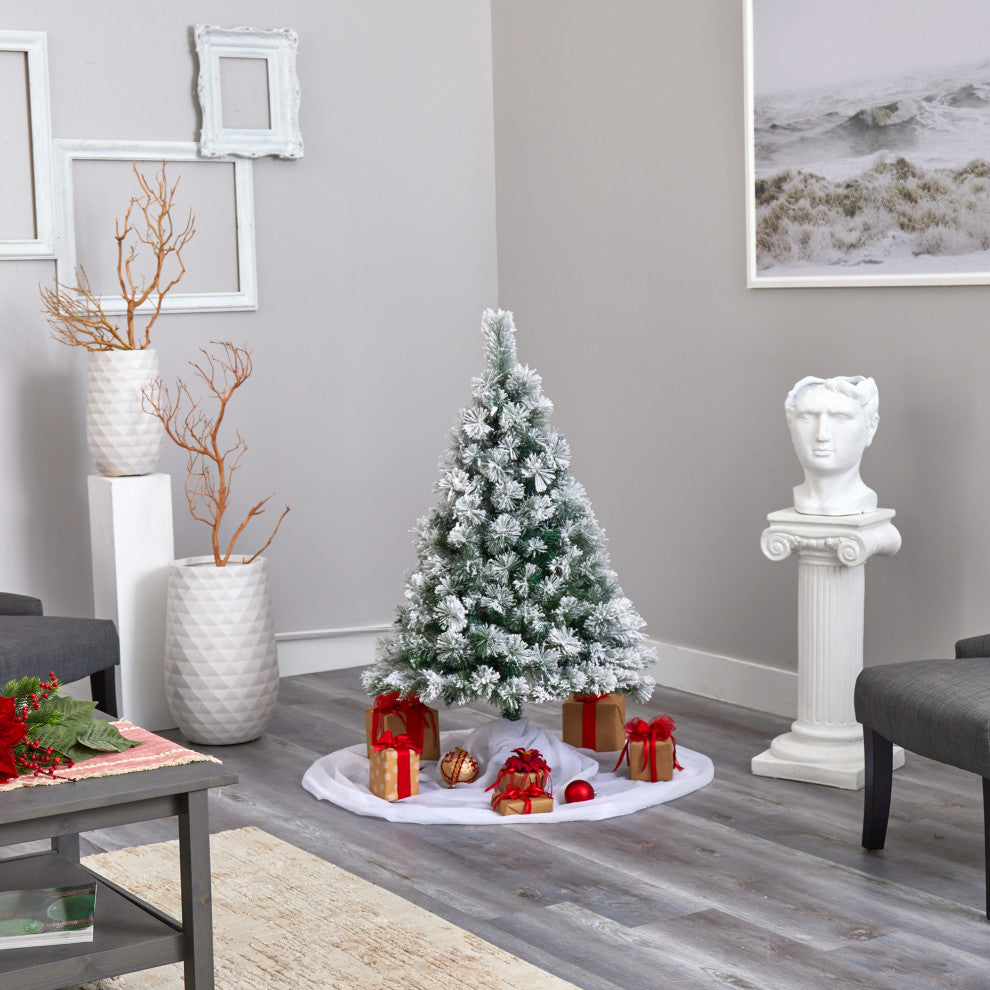 Nearly Natural 4ï¿½Flocked Oregon Pine Artificial Christmas Tree /100 Clear Lights