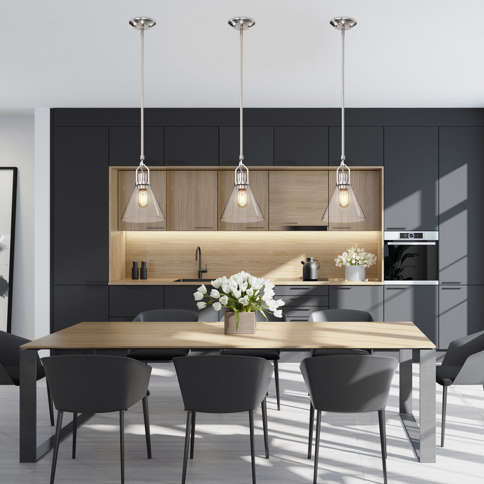 1-Light Brushed Nickel Mini Pendant With Clear Cone Glass Shade