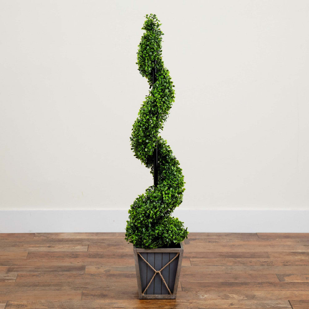 45in. UV Resistant Prelit Artificial Boxwood Spiral Topiary Tree, Planter