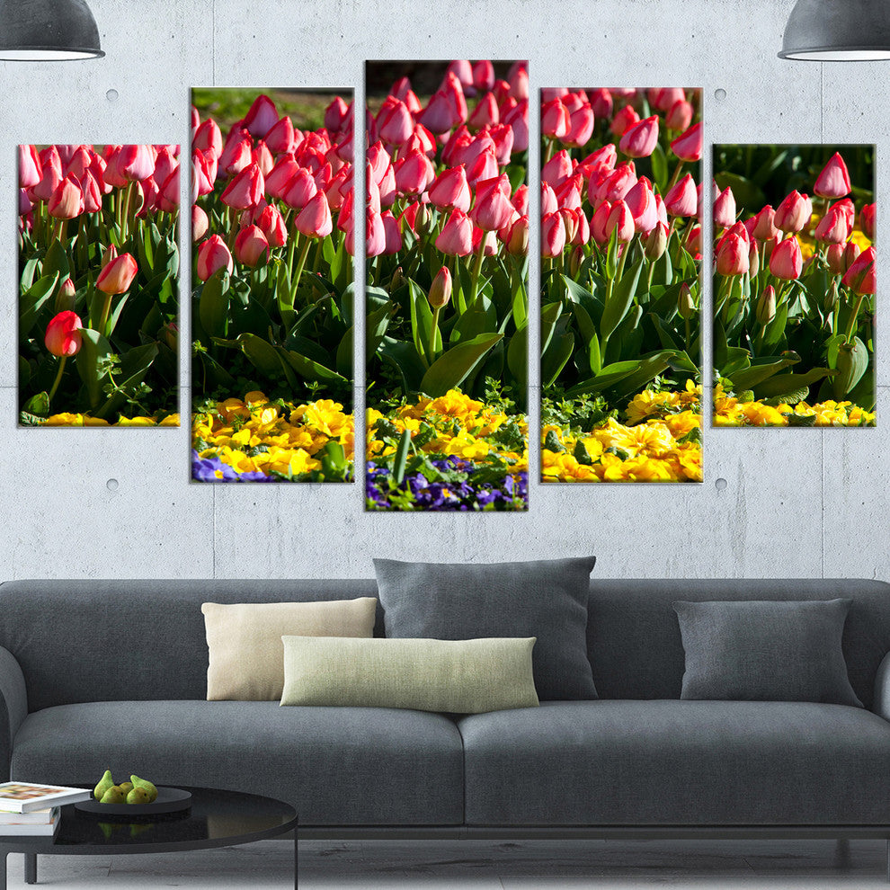 Red Tulips with Yellow Purple Flowers, Flower Canvas Print, 60"x32", 5 Panels