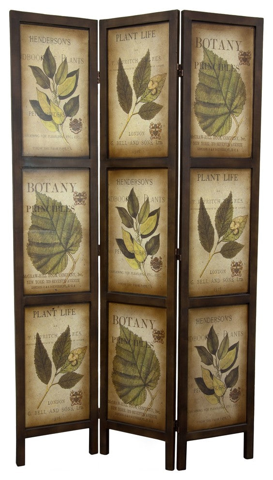 6' Double Sided Botanic Printed Wood Room Divider, 3 Panels