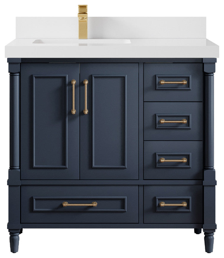 Aberdeen 36 Left Offset Bath Vanity in Hale Navy Blue  2" White Quartz