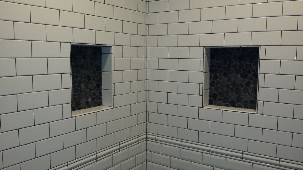 Premium Sliced Charcoal Black Pebble Tile with Mesh Backing, 12x12 Sheet