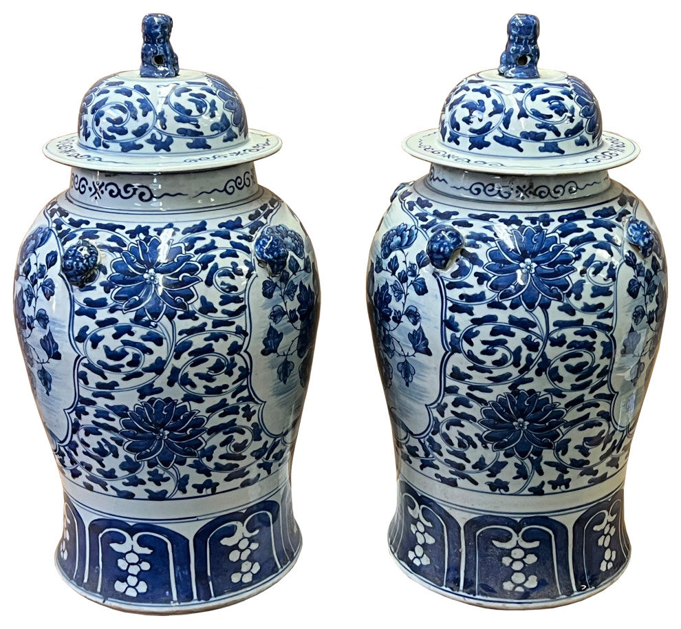 Pair of Chinese Blue White Porcelain Flower Bird Graphic Temple Jars Hws2550
