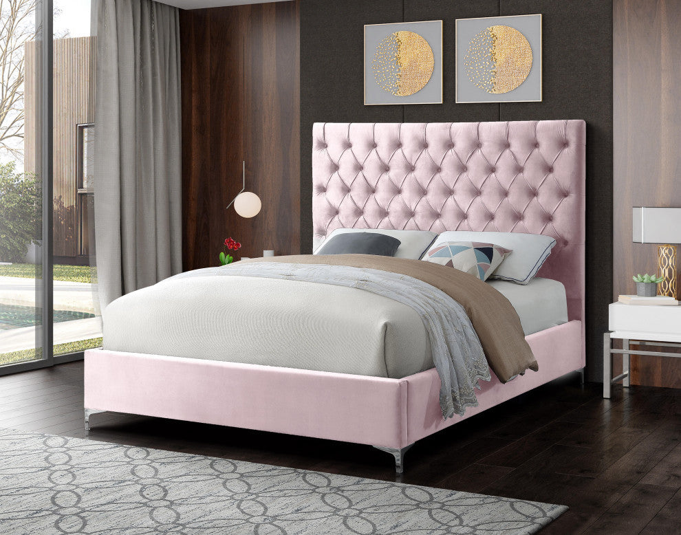 Cruz Velvet Upholstered Bed, Pink, Full
