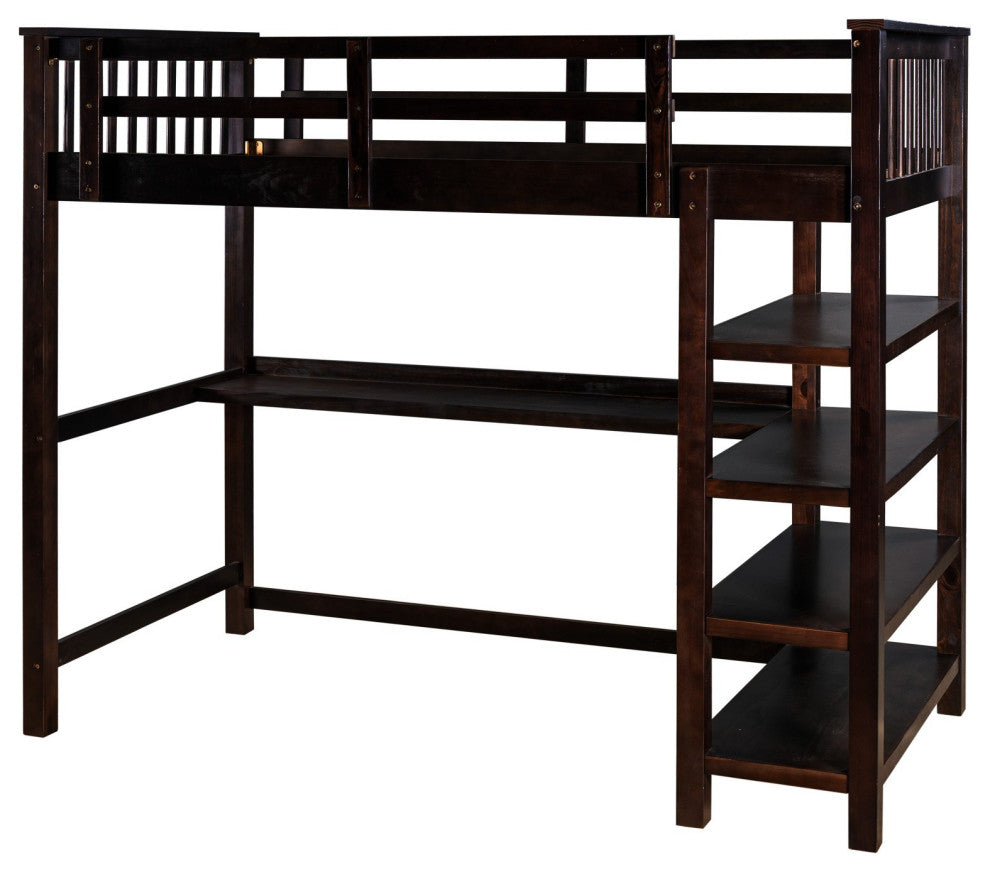 Espresso Twin Size Wood Loft Bed With Storage Shelves and Desk