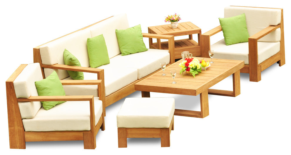 6-Piece Canberra Outdoor Teak Sofa Set With Sunbrella Cushions Spectrum Daffodil