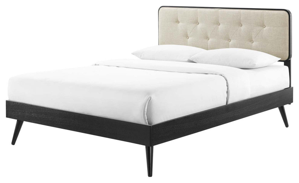 Platform Bed Frame, King Size, Wood, Black Beige, Modern Mid-Century, Bedroom