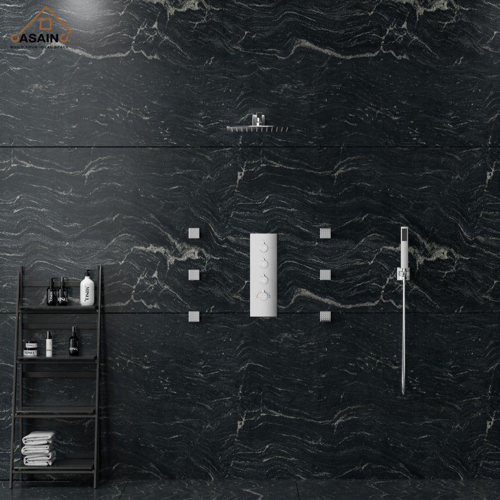 CASAINC 12" Wall Mounted Luxury Shower System Set w 6 Body Jets, Brushed Nickel