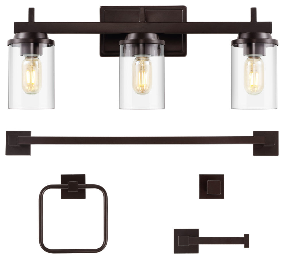 3-Light Industrial Vanity Light With Bathroom Hardware Accessory Set, 5-Piece