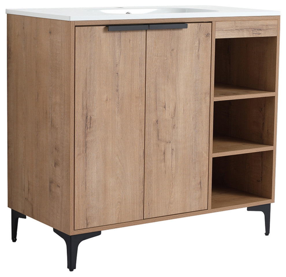 Single Vanity, Neutral Finish With Solid Surface Resin White Sink, 36"