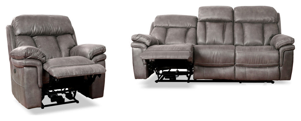 Estelle Power Reclining 2 Piece Sofa and Recliner Set, Gunmetal Fabric