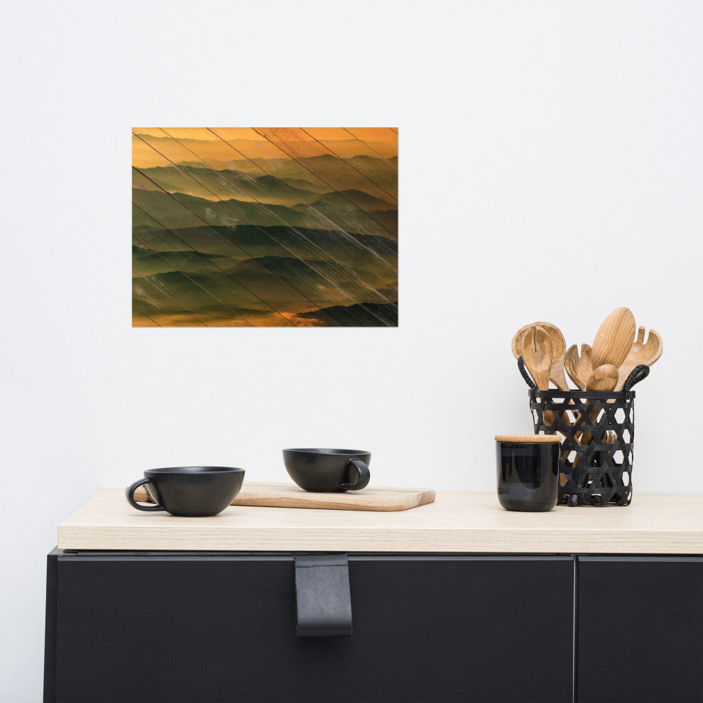 Faux Wood Foggy Mountain Layers at Sunset Landscape Unframed Wall Art Prints, 12" X 16"