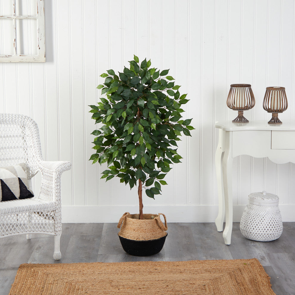4' Ficus Artificial Tree in Boho Chic Handmade Cotton & Jute Black Woven Planter