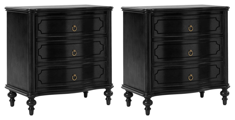 3-Drawer Nightstand With Solid Wood Legs and Built-In Outlets, Set of 2, Black