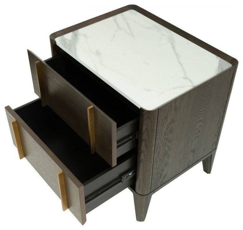 Mid Century Dark Brown and White Faux Marble With Two Drawers