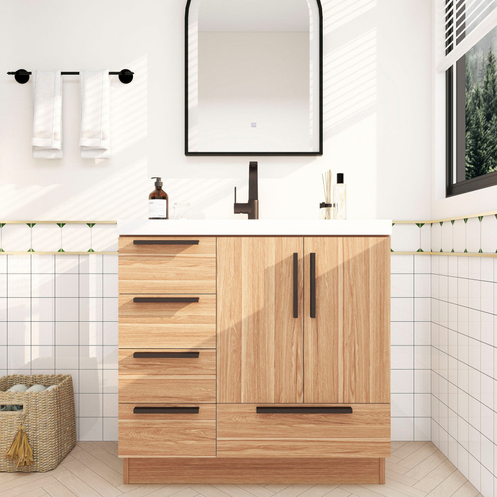 Carla 36" Freestanding Bathroom Vanity With Left Side Drawers, White Oak