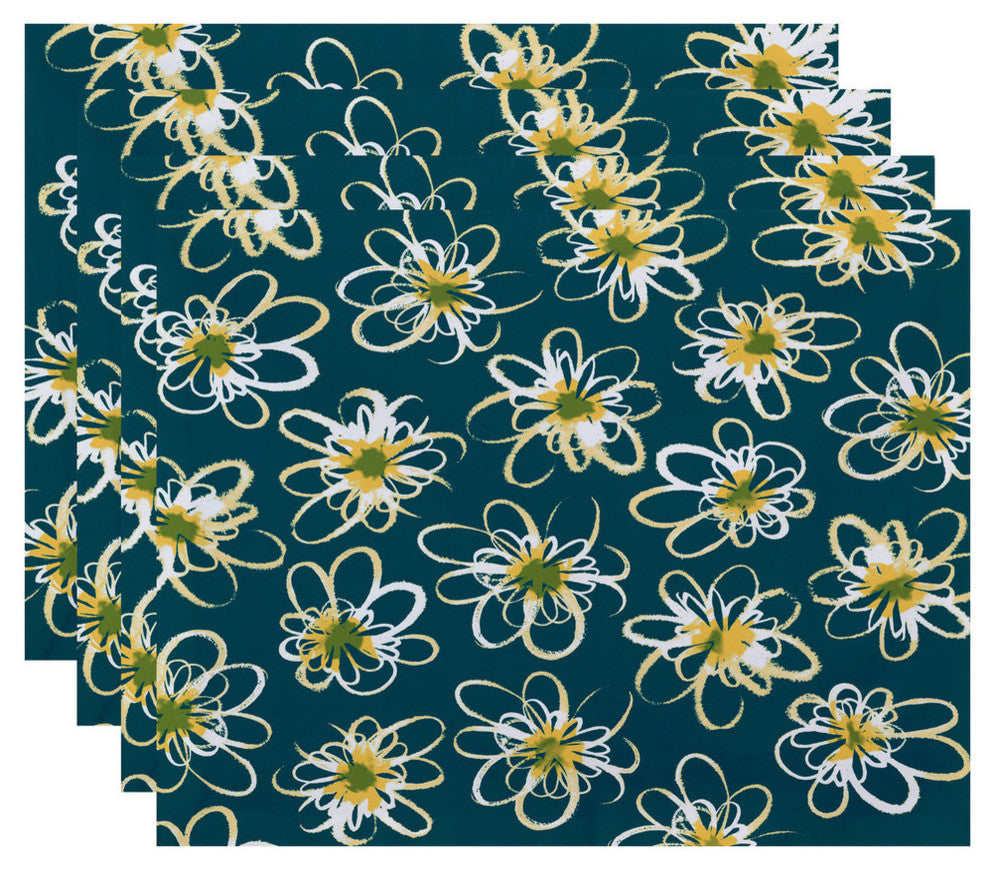 18"x14" Penelope Floral, Geometric Print Placemat, Teal, Set of 4