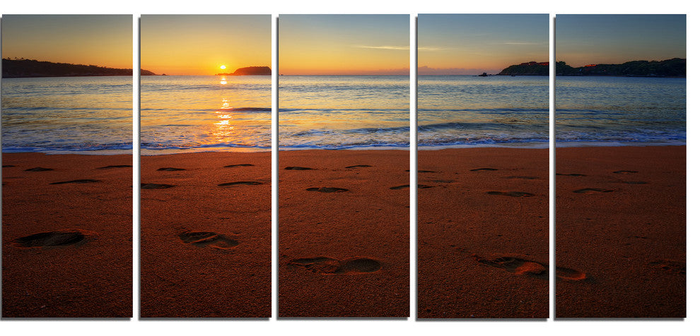 Foot printed Sandy Ocean Beach, Seashore Canvas Print, 60"x28", 5 Panels
