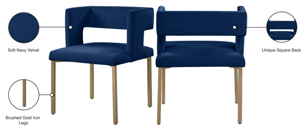 The Caleb Dining Chair, Navy and Brushed Gold, Velvet and Iron, Set of 2