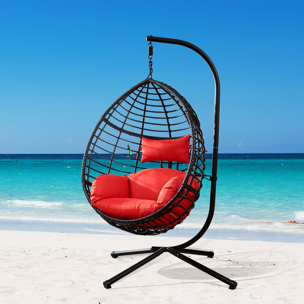 Outdoor Rattan Swing Chair Hanging Egg Chair With Cushion, Red