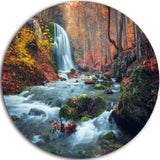 Autumn Mountain Waterfall Long View, Landscape Round Wall Art, 23"
