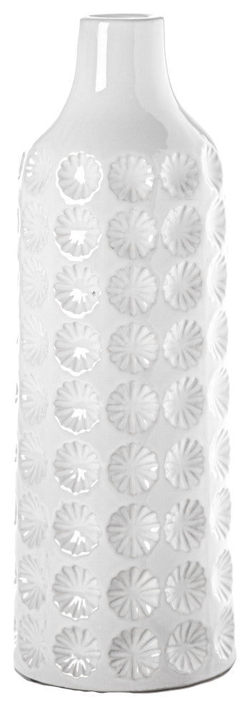 Round Ceramic Bottle Vase with Clover Pattern Design Gloss White Finish, Large