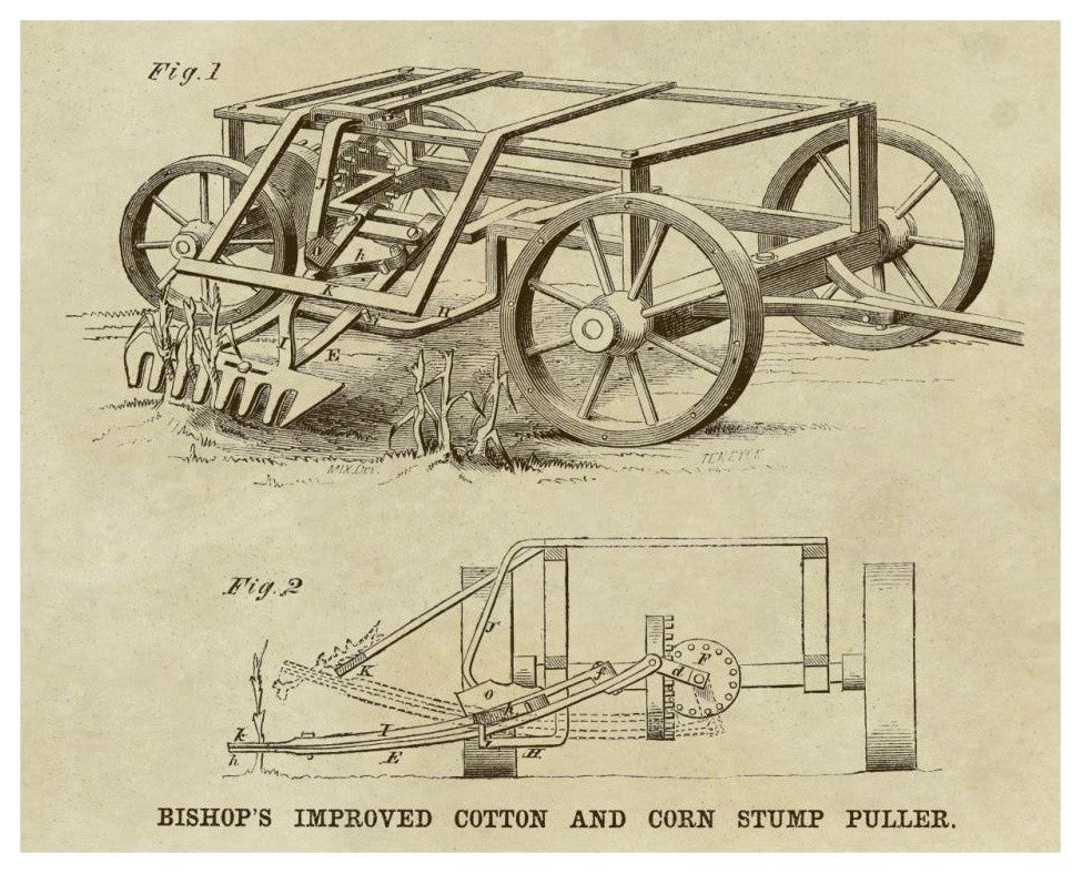 "Bishop's Improved Cotton and Corn Stump Puller" Print by Inventions, 32"x26"