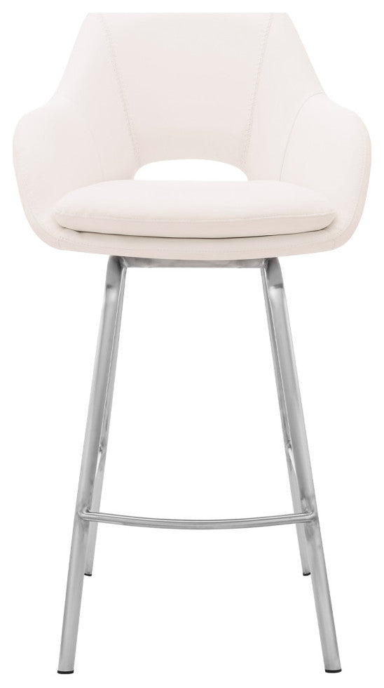 Aura Faux Leather and Metal Bar Stool, Stainless Steel and White, Bar Height, 29-32"