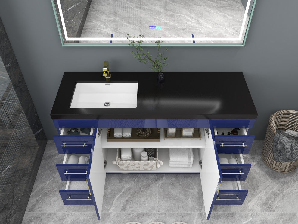 Rosa 60" Free Standing Modern Vanity, High Gloss Night Blue, Matt Black Top