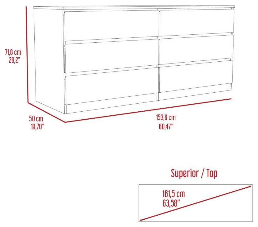 Seul 6 Drawer Double Dresser, Light Gray White