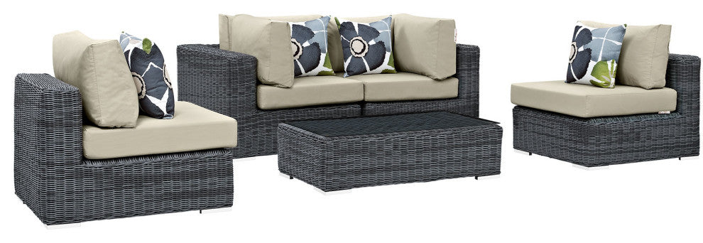 Modway Summon 5 Piece Outdoor Patio Sunbrella Sectional Set, Antique Beige