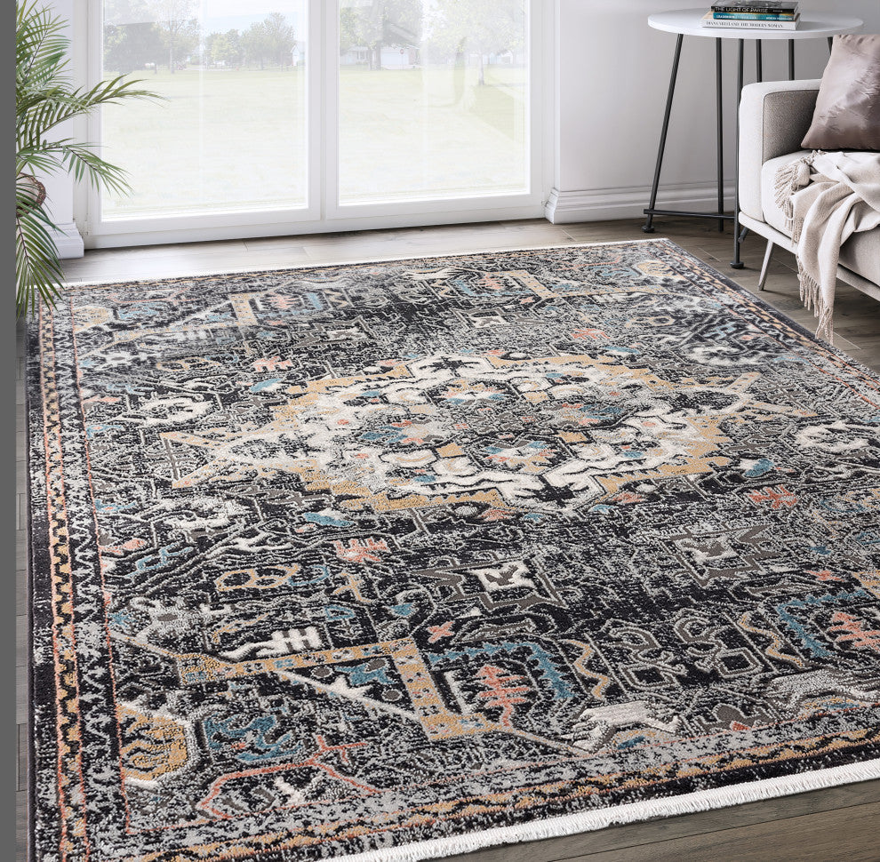 Abani Azure Collection AZR150A Black Faded Medallion Persian Area Rug